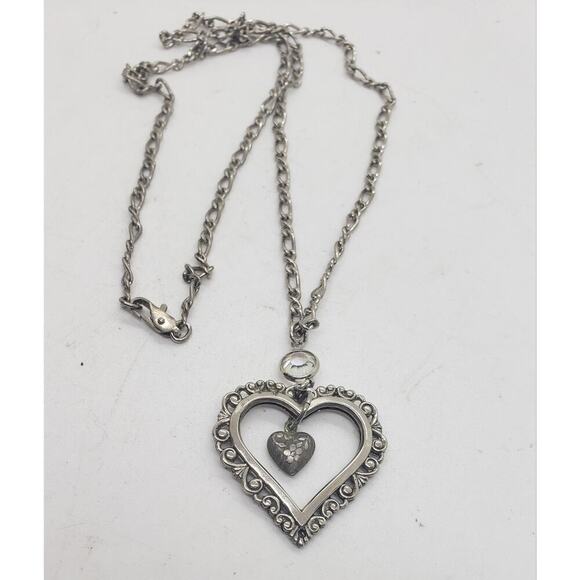 Vintage Puffy Heart Necklace Silver Filigree Ornate Openwork Swarovski Crystal - Picture 8 of 9